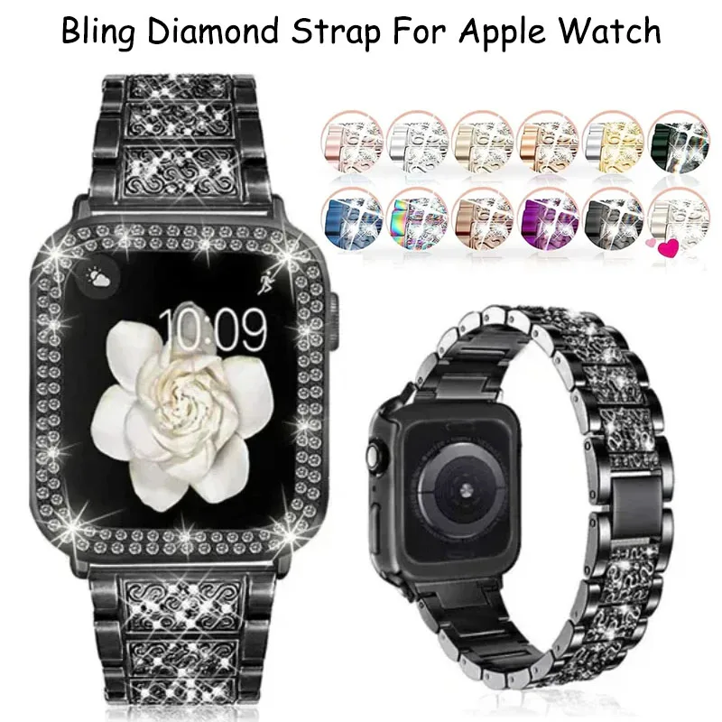 Apple Watch 밴드 용 블링 다이아몬드 스트랩 40mm 45mm 44mm 41mm 42mm 38mm IWatch 시리즈 7 SE 6 5 4 여성용 팔찌 용 금속 벨트