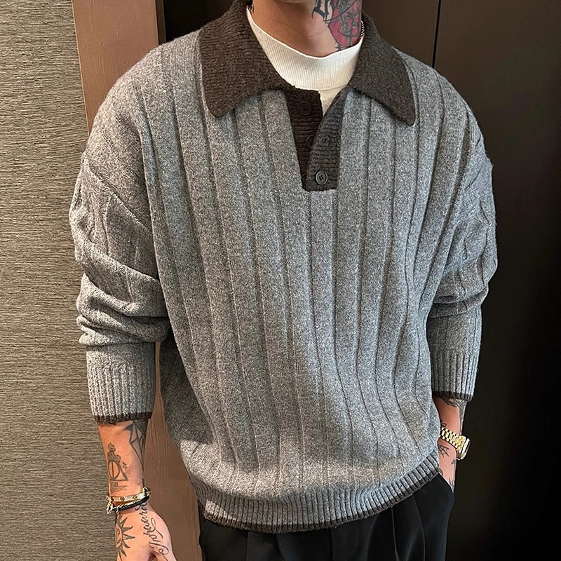 Trendy Contrast Color Patchwork Polo Sweater Men Clothing Long Sleeve Knitting Jumper Tops Mens Fall Winter Casual Knitted Polos
