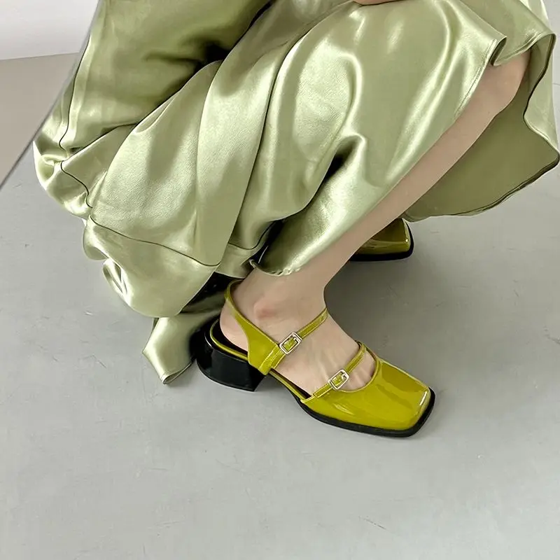 Woman Mary Jane Shoes Square Toe Heeled Closed Sandals for Women Vintage Footwear Sales Cheap Liquidation On Sale Korea Sandal