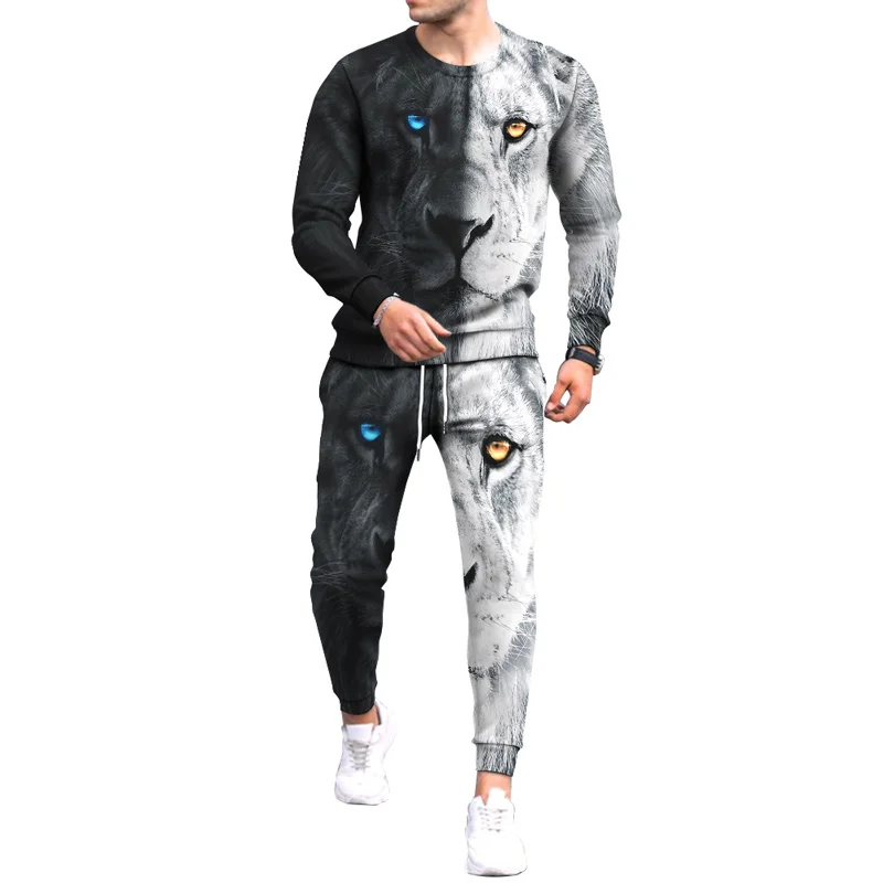 Fashion Animal Leopard Lion 3D Print Men\'s Sportswear Set Long-Sleeved T Shirt Pants 2-Piece Set Oversized Pullover Men Clothing