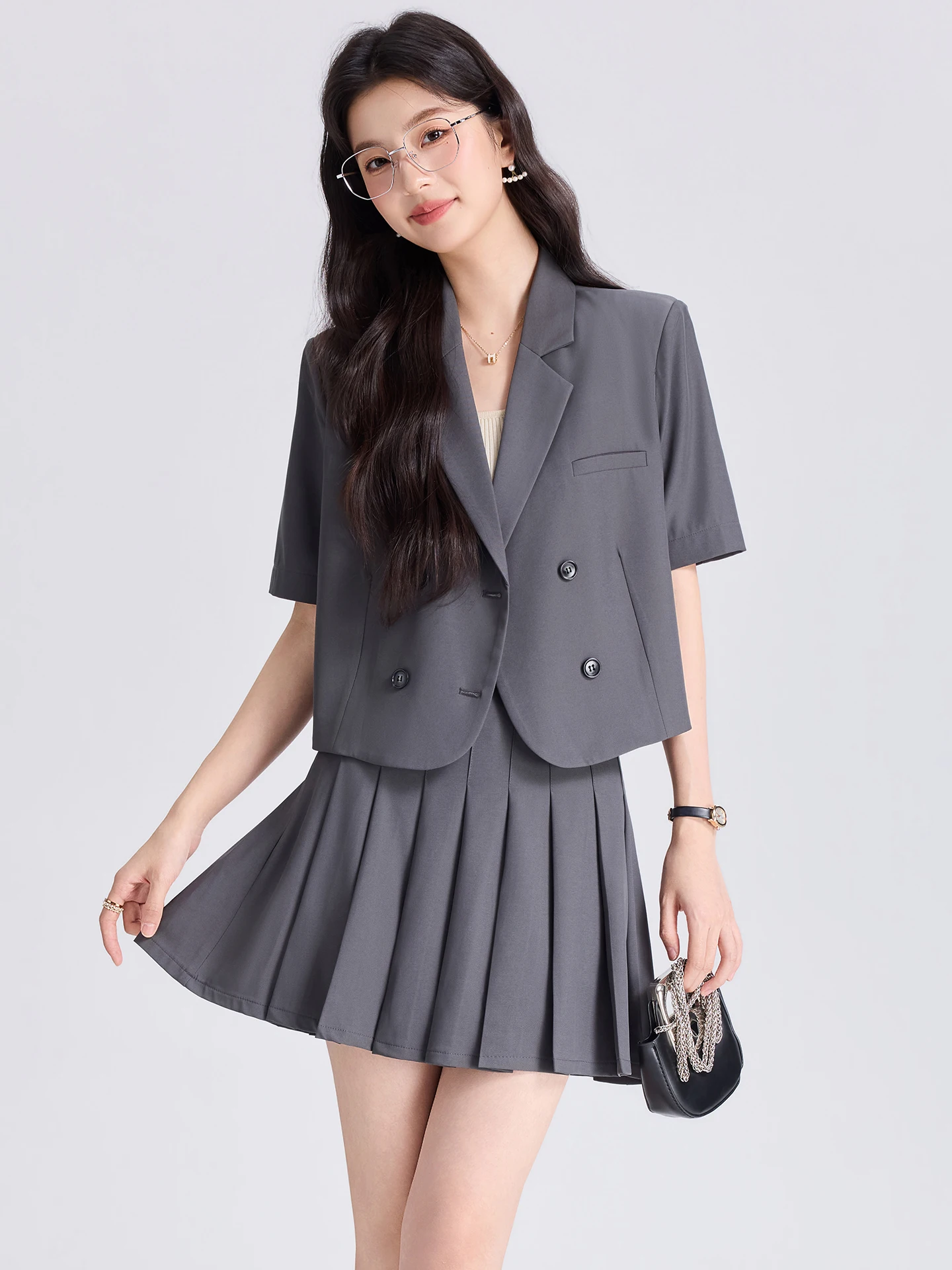 Gray Short Suit Set for Women 2026 New Style College Students Interview Professional Formal Small Size Polyester Fiber