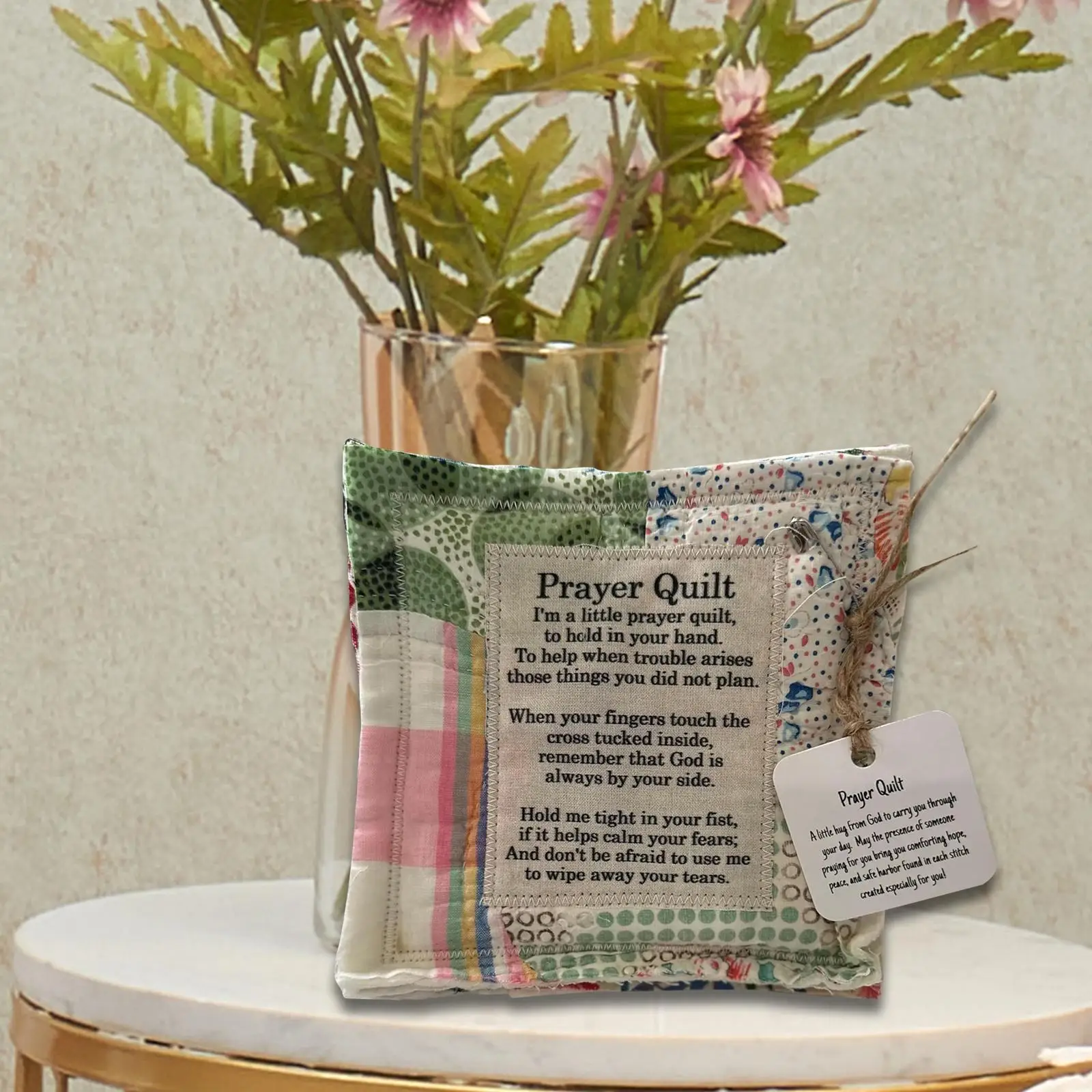 Hand Sewn Prayer Quilt Square Cross Ornament Mini Pocket Quilt Gift for Women Men Festive Home Bookshelf Use