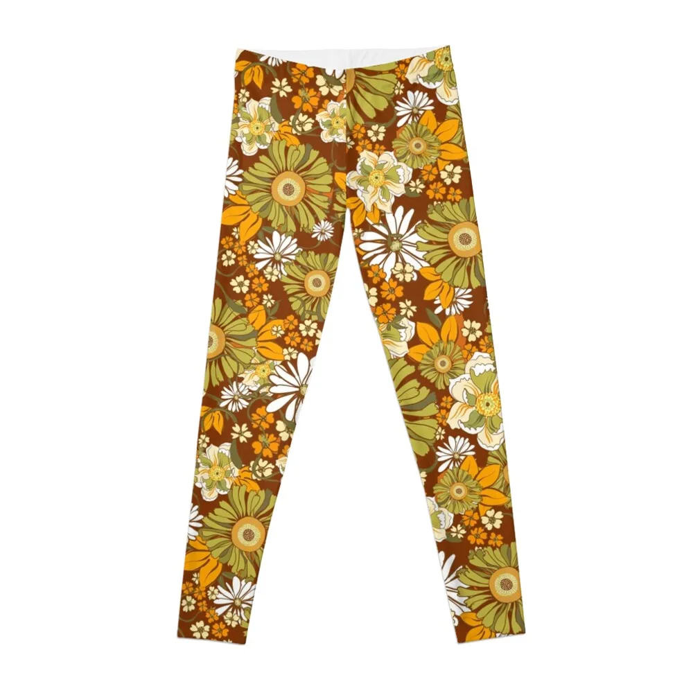 70s Retro Vintage Flower Power pattern boho, orange, brown, Leggings sports for push up Clothing fitness Womens Leggings