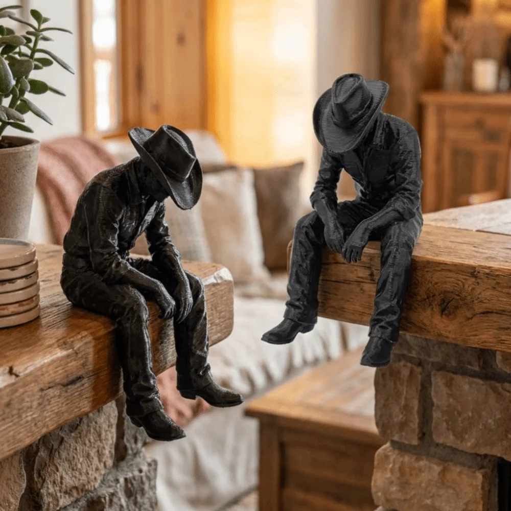 Western Style Sad Sitting Cowboy Sculpture Pensive Vintage Cowboy Figurine Ornament 3D Printed Lonely Hanging Head Cowboy Statue