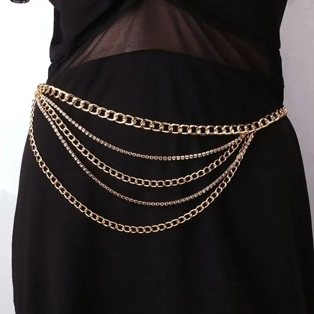 Fashion Metal Waist Chain Multi Layer Design Rhinestone Inlaid Body Chain Punk Style Adjustable Rhinestone Belt Women Jewelry