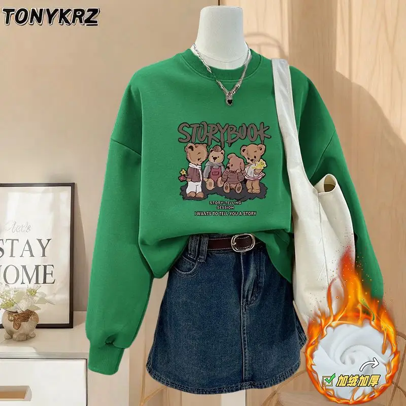 Round Neck Hoodie for Women Trendy with Loose Velvet and Hong Kong Style Retro Chic Top