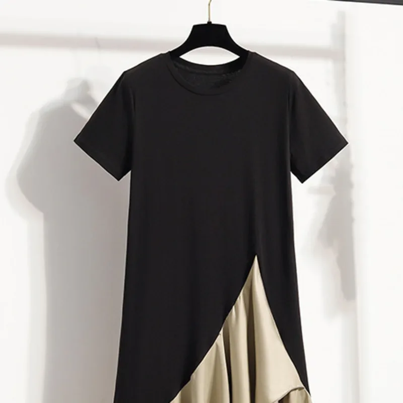 HKSH ฤดูร้อนใหม่ผู้หญิงแฟชั่นรอบคอสั้นเสื้อยืด TOP ชุดแนวโน้ม Patchwork พับ Elegant Dark Chic INS HK9445