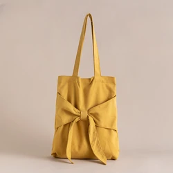 Aesthetic Bow Canvas Tote Shoulder Bag Female Students Large Capacity Fashion Casual Travel Shopping Purses Handbags for Women