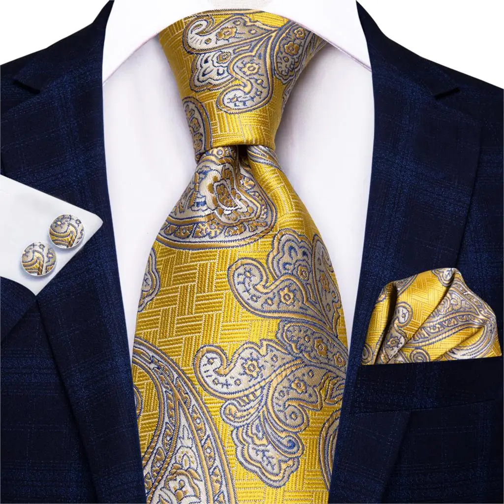 Hi-Tie Luxury Floral Paisley Mens Yellow Gold Tie Gravata Nicktie For Men Business Wedding Necktie 8.5cm Wide Dropshipping