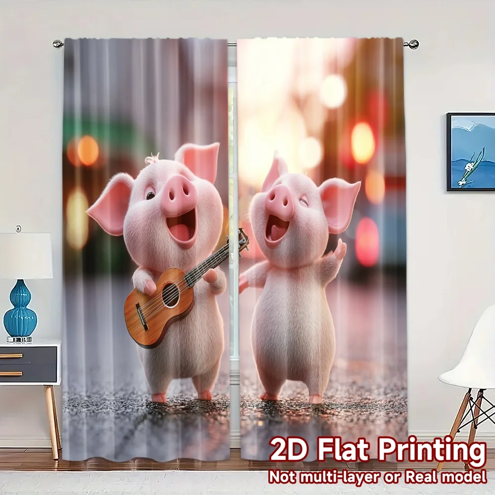 2pcs, 2D FLAT PRINTING Curtains (Without Rod) Piggy Duet Popular Window Curtain Durable Polyester Curtains Gifts for Bedroom &