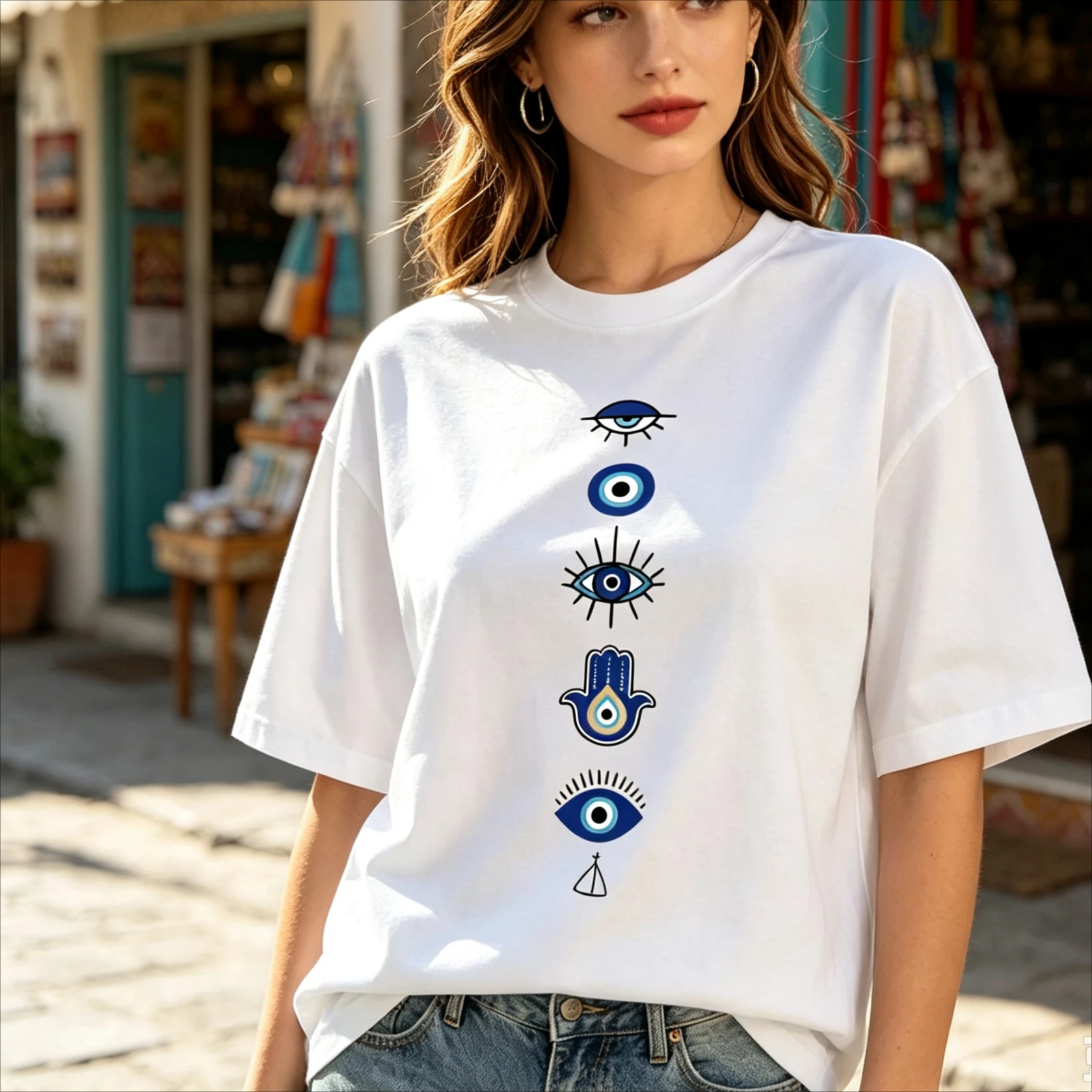 Evil Eye Hand Blue Evil Eye Hamsa Hand Graphic T-Shirt Women Mystic Symbol Print Tee 100% Cotton Casual Loose Top