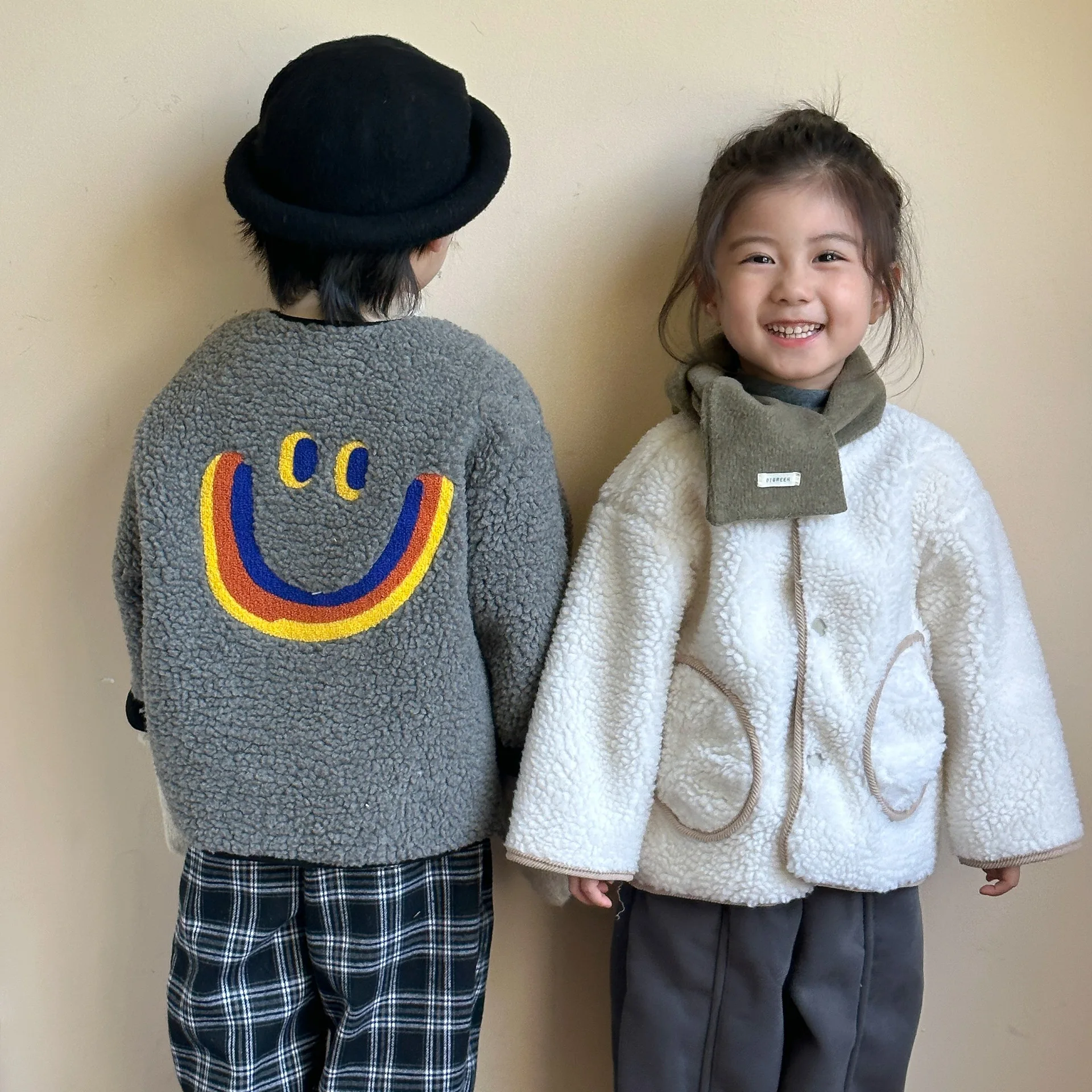 Childrens Lamb Wool Jacket Thicken Wool Big Smiling Face 2024 Autumn Winter Kids Boys Coat Little Baby Girls Fur Jacket