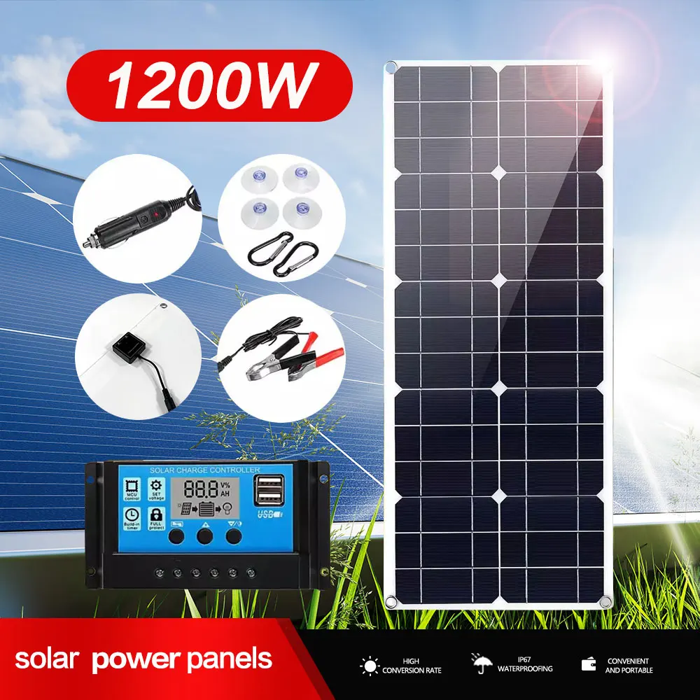 

1200W Flexible Solar Panel Kit 18V Monocrystalline Solar Cells Power Charger for Outdoor Camping Yacht Motorhome Car RV Boat