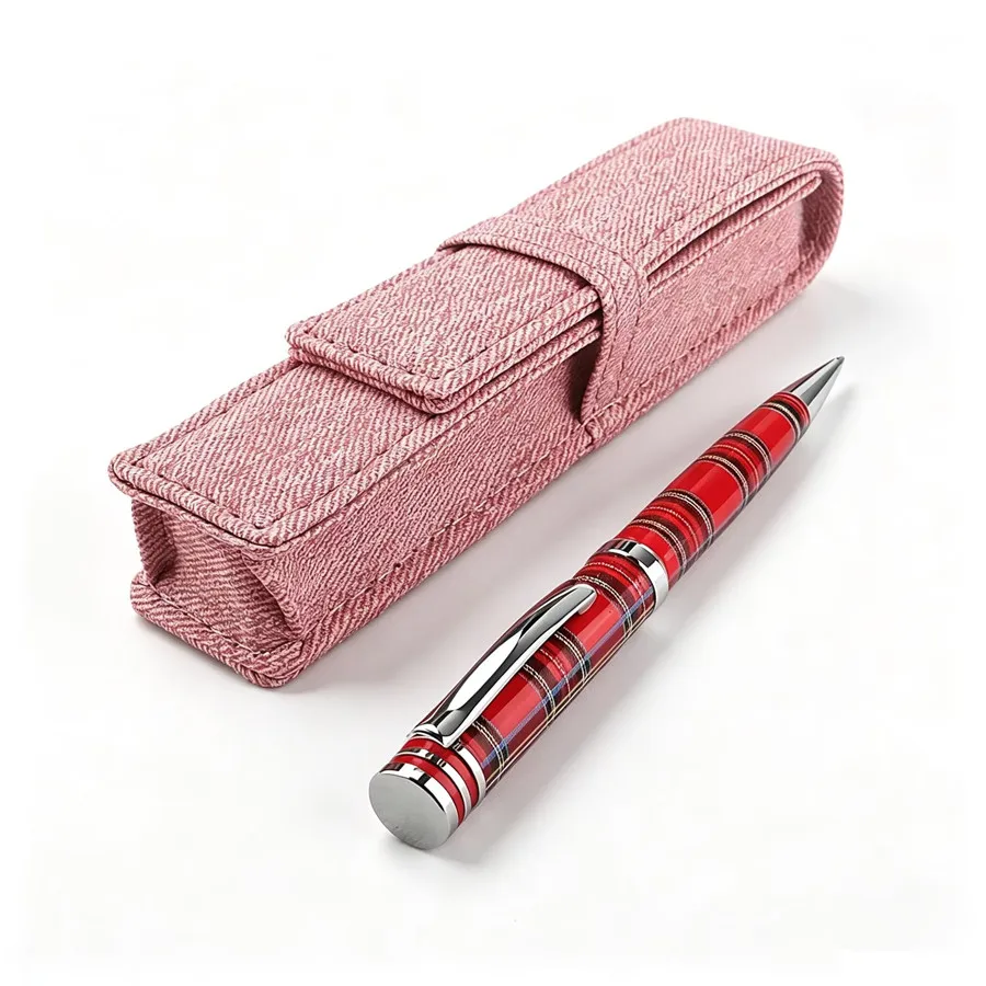 Red Tartan Metal Ballpoint Pen with PU Pen Case Rotating Business Signature Writing Gift Pen