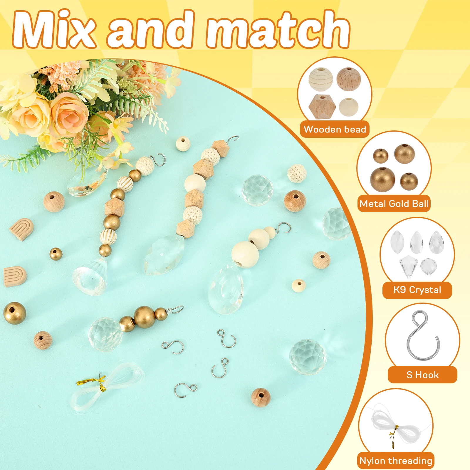 DIY Suncatcher Crystal Bead Kit Wooden Beads  Crystal Hanging Ornament Set 5 Meters Elastic Cord 50 Piece Craft Pack for Window