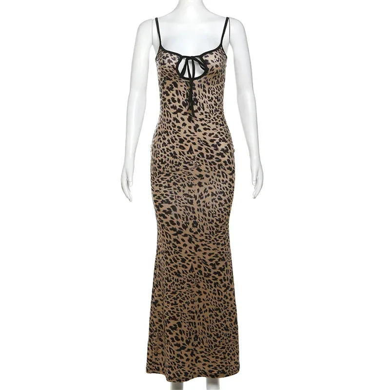 Leopard Print Sexy Bandage Hollow Out Bodycon Party Club Maxi Dress Women Summer Sleeveless Backless Evening Long Dresses Outfit