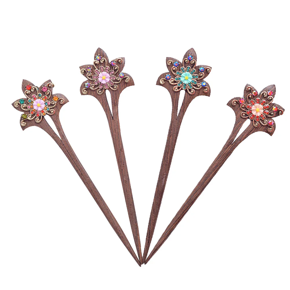 

4 pcs Vintage Hair Accessories Bamboo Hairpin Sticks Crystal Flower Design NonToxic Materials Beautiful Gift For Women Hair