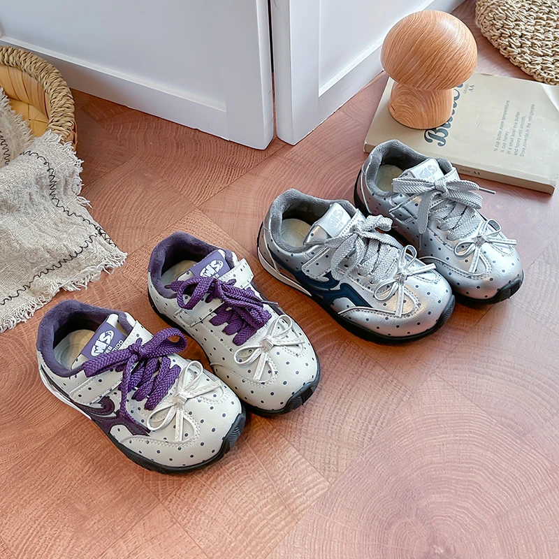 Kids'Casual Shoes PU Leather Winter Polka Dot Fashion Flat Shoes For Children Anti-slip Warm Purple Silver Shoes Size 26-37