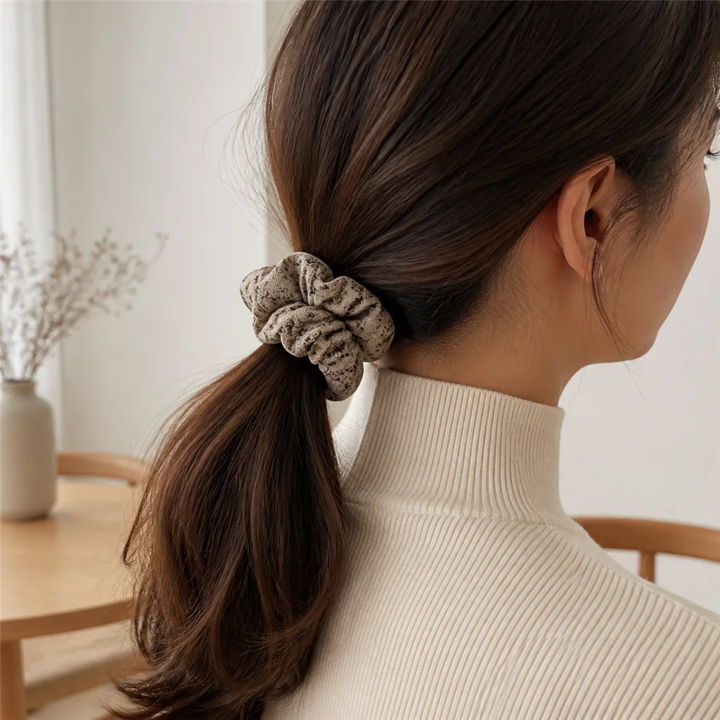 Khaki Wishing Garden Petite Floral Single-Layer Scrunchie Handmade Elastic Hair Tie for Ponytail and Bun 5