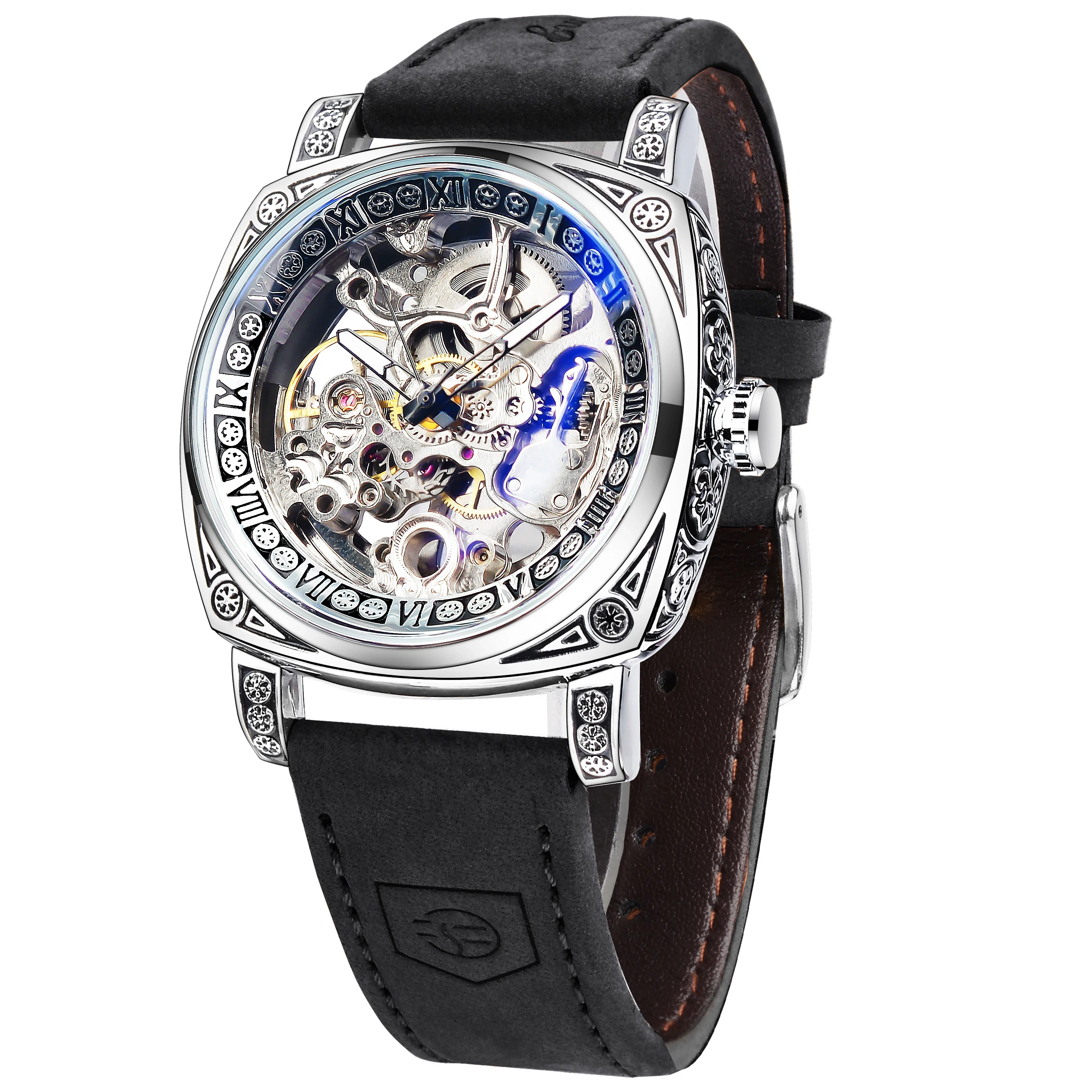 Forsining Luxury Retro Carving Man's Automatic Mechanical Watch Fashion Black Genuine Leather Gift For Men Waterproof Wristwatch