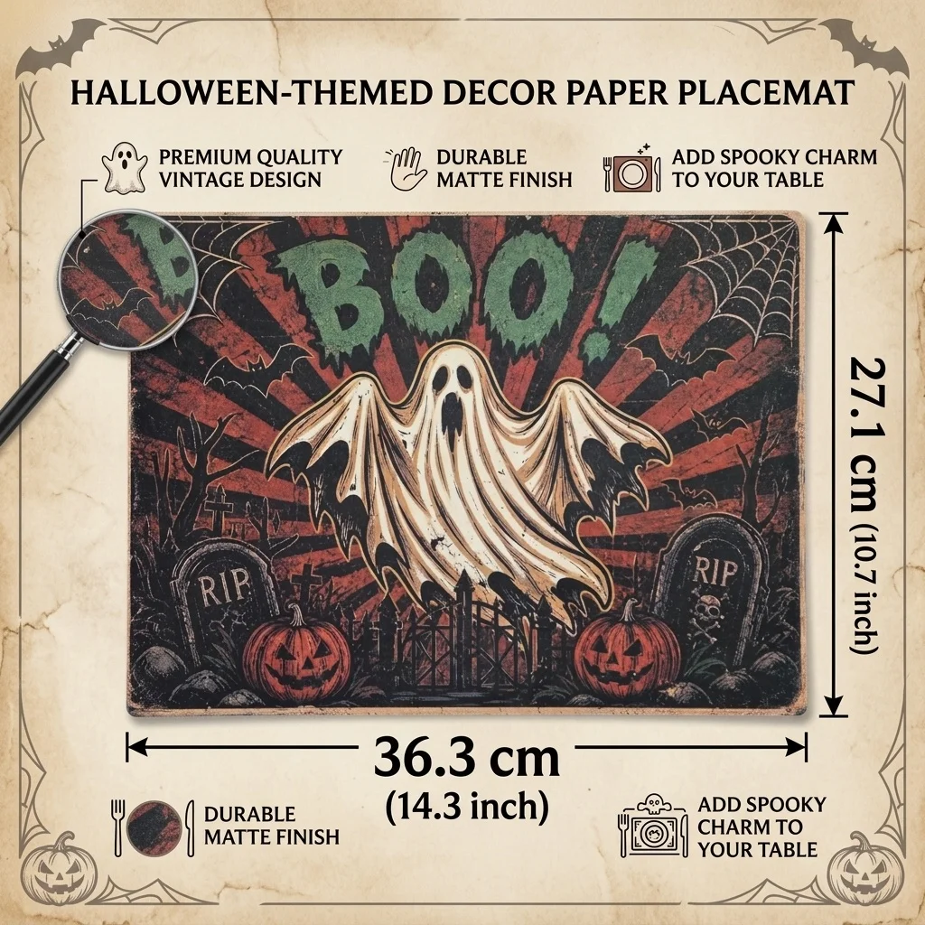 10/20/50pcs retro ghost paper placemats are suitable for Halloween dinner tables, themed western restaurants and dessert tables.