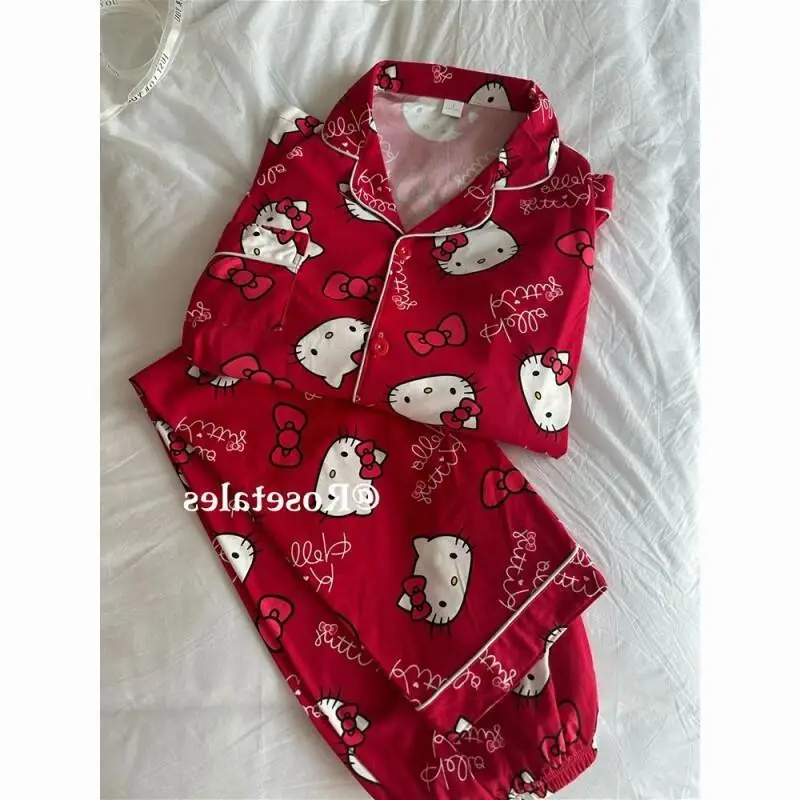 Pijamas Rojos de Dibujos Animados para Mujer, Pantalones de Manga Larga, Hello Kitty, Conjunto Festivo para Estar en Casa, Ropa de Dormir de Algodón Suave y Cómoda