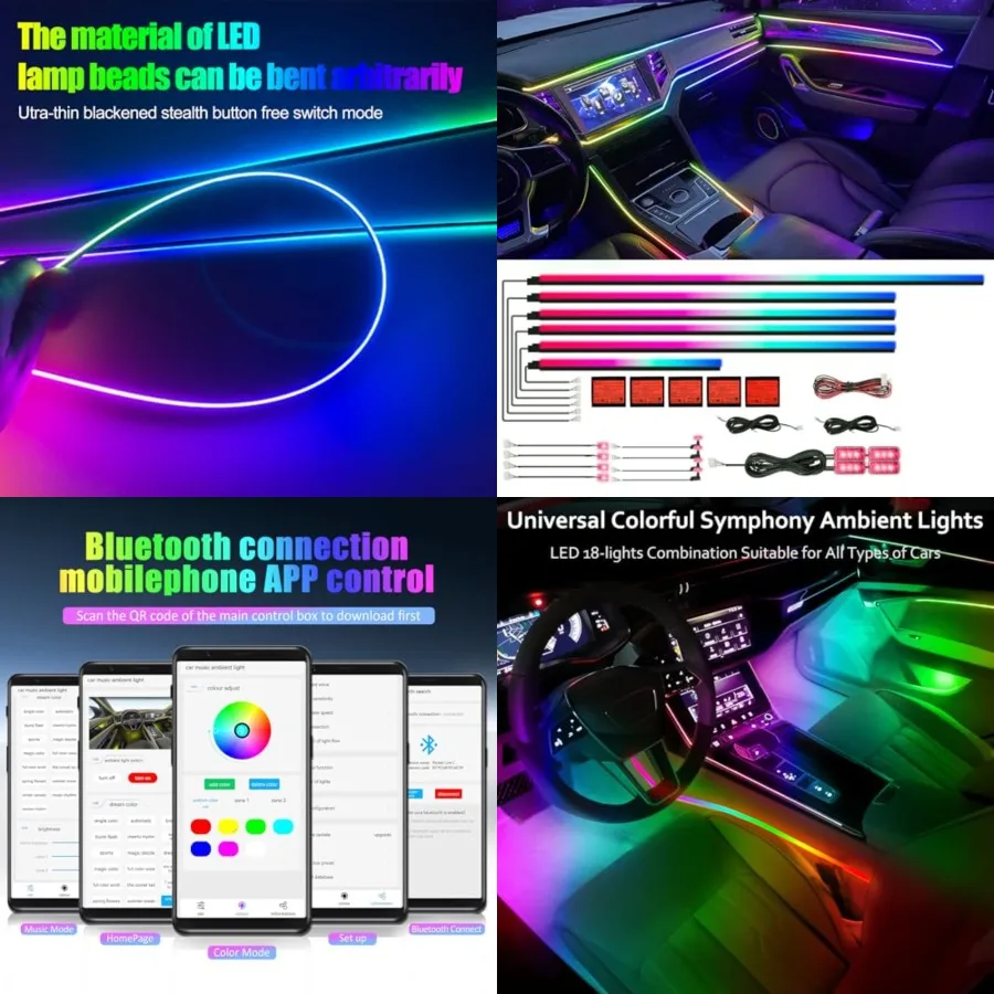 

Acrylic Interior Car LED Strip Light with APP, 18-in-1 128 Colorful 6 Pieces Fiber Optic Car Decoration Atmosphere Light Kits,