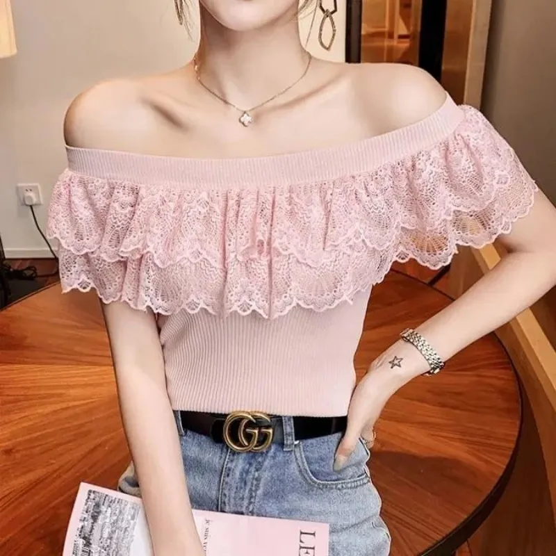 Lace Patchwork Pullovers Women Sexy Slash Neck Chic Simple Short Sleeve Elegant Cozy Vintage Summer Ins Knitting Mujer All-match