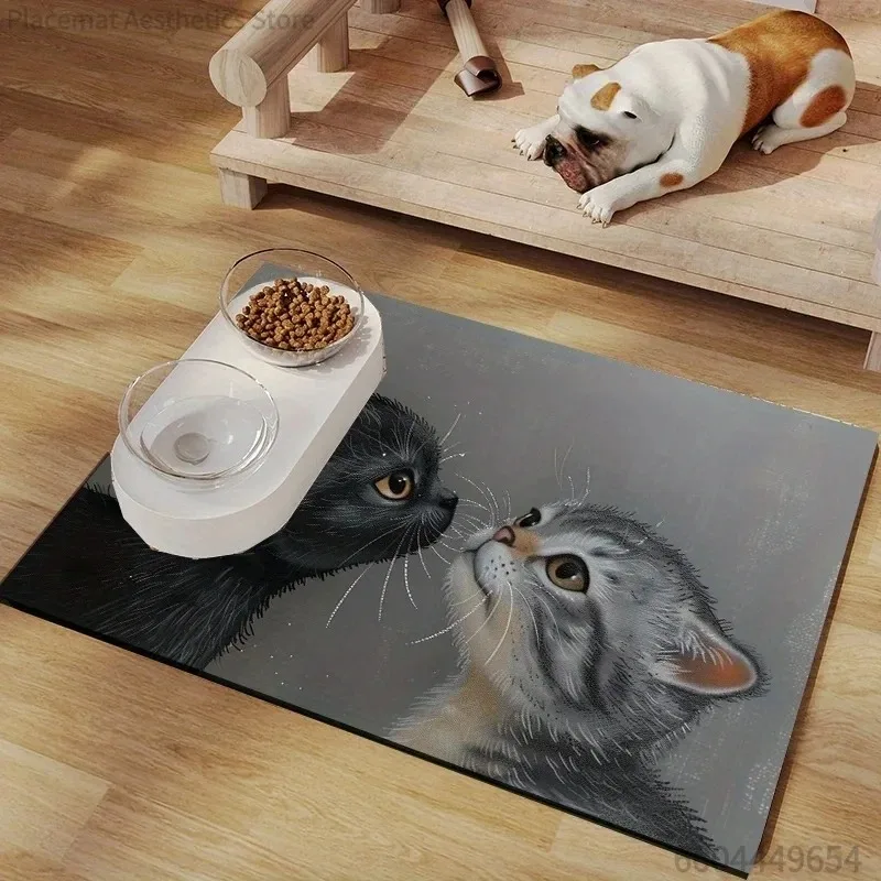 Pet Food Mat Cat Pattern Absorbent Pad Double Cat Realistic Illustration Waterproof Pet Bowl Mat for Cat Dog Feeding Area