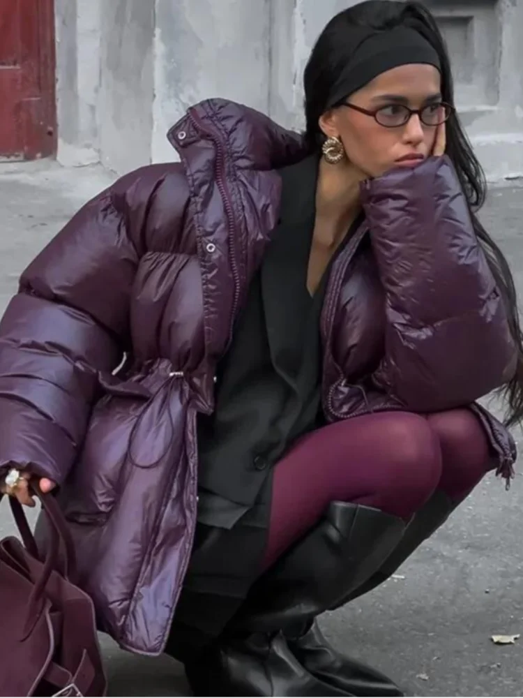 Burgundy Down Jacket Women Belts Cotton Single Breasted Zipper Warm Coat Female 2025 Winter Pocket Long Sleeve Lady Outerwear