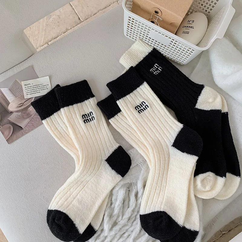 2 Pairs Black White Wool Socks For Women Winter Knitted Thickened Warm Middle Tube Stacked Socks Embroidered Letters Cute Socks