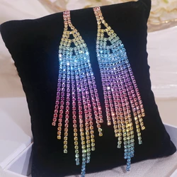 New Trendy Colorful Rhinestone Tassel Dangle Earrings for Women Statement Wedding Party Jewelry Shine Crystal Long Drop Earrings