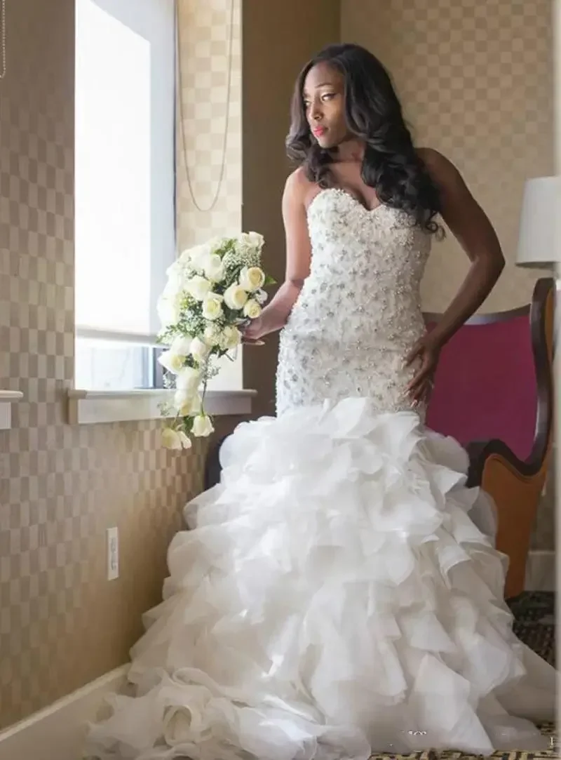 

Customized Plus Size African Mermaid Wedding Dresses Sweetheart Gorgeous Major Beading Tiered Skirts Bridal Gowns Sweep Train De