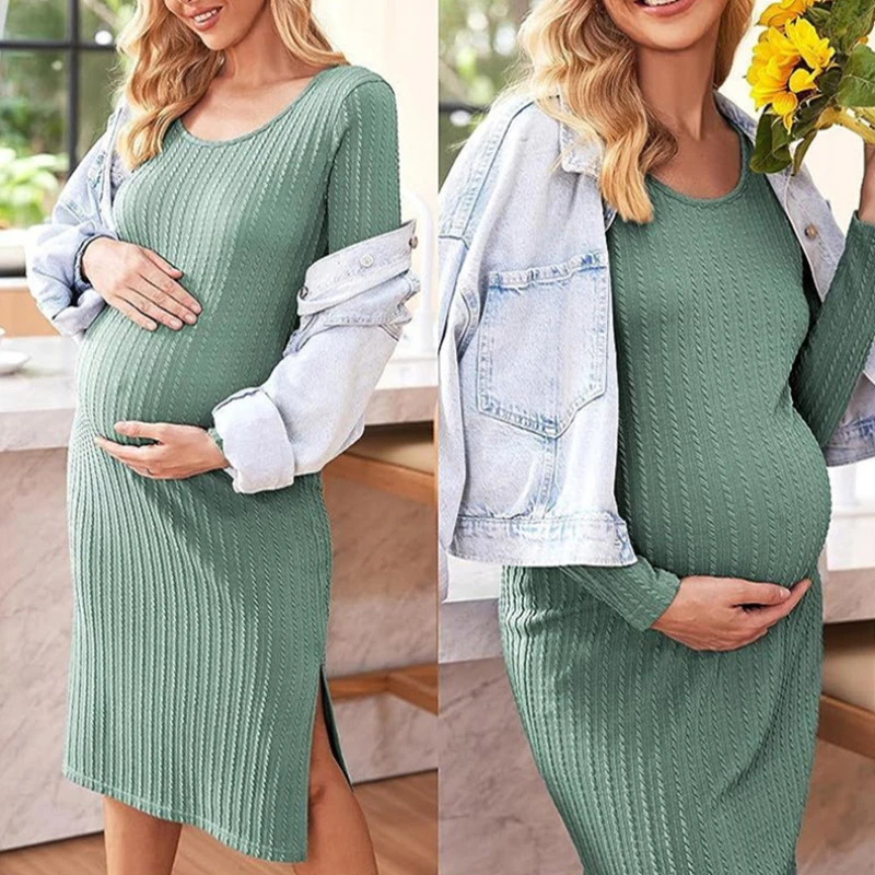 

Maternity Dress Solid Color Long-sleeved Side Loose Knitted Ribbed Maternity Tight Autumn and Winter Dress