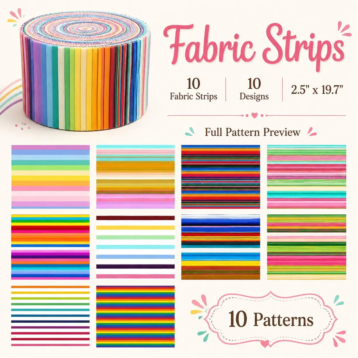 10pcs Vintage Striped Jelly Roll Fabric Strips 2.5X19.7inch Pre-Cut 100% Polyester For Patchwork Quilts, Table Runners, Placemat