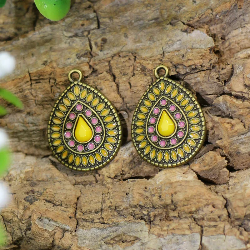 50pcs/lot 25*18mm Bohemian Style Ancient Silver Color Drop Shape Enamelled Alloy Charms Ear Pendant DIY Jewelry Earring