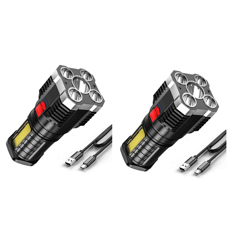 2X Super Bright Flashlight Ultra Powerful LED Torch Light Rechargeable Side Light 5LED Outdoor Flashlight For Camping