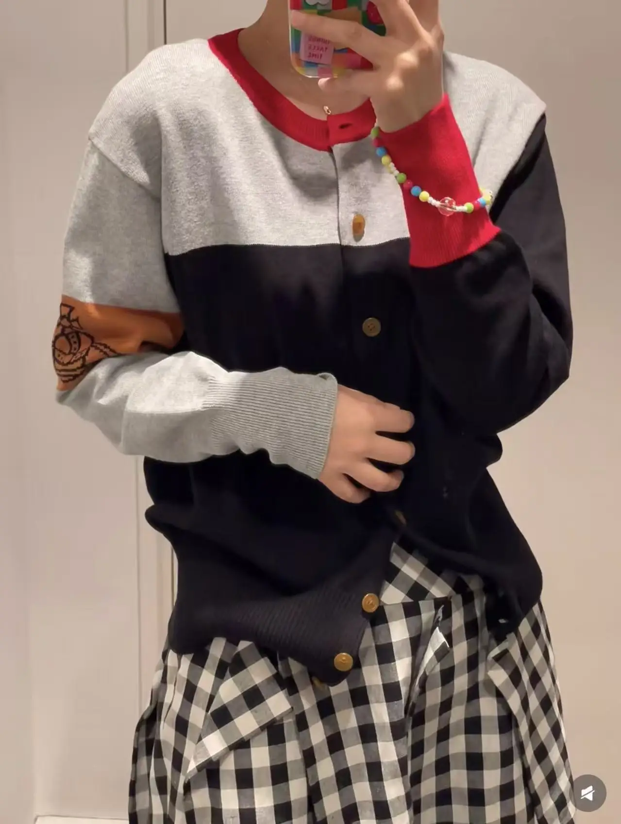 

Color Block Embroidered Logo Knitted Sweater Contrast Color Design Women's Fashion Commute Style Slim Fit Long Sleeve round Neck