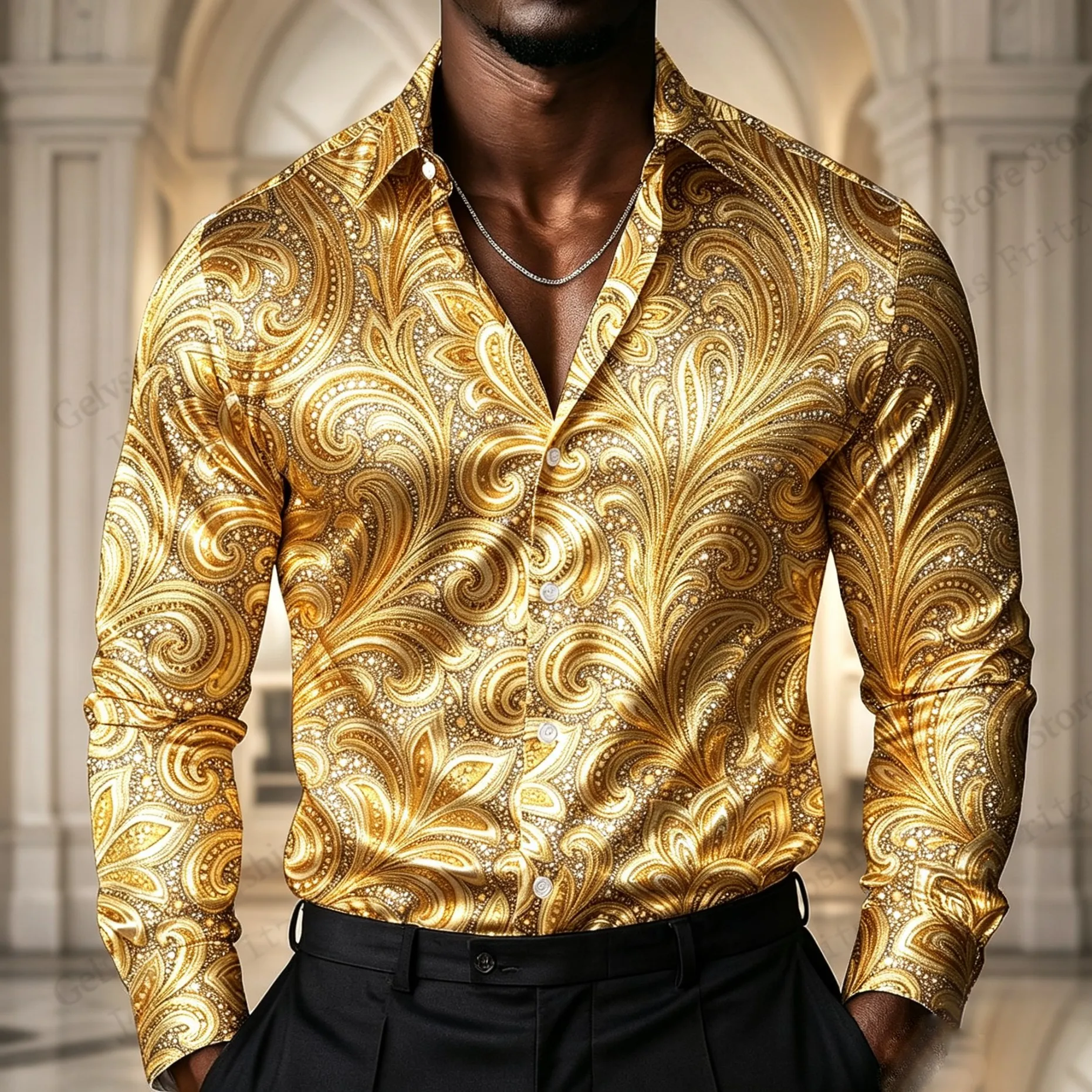 Men's Paisley Ethnic Flower Long Sleeve Shirt Golden 3d Print Shirt Men Fashion Comfortable Single-breasted Blouse Men clothing