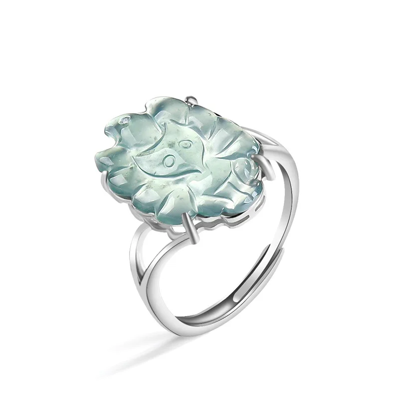 S925 Silver Inlaid Natural A-grade Jade Blue Water Nine Tailed Fox Ring Ice Jade Fashionable Jewelry For Women's Gift Adjustable