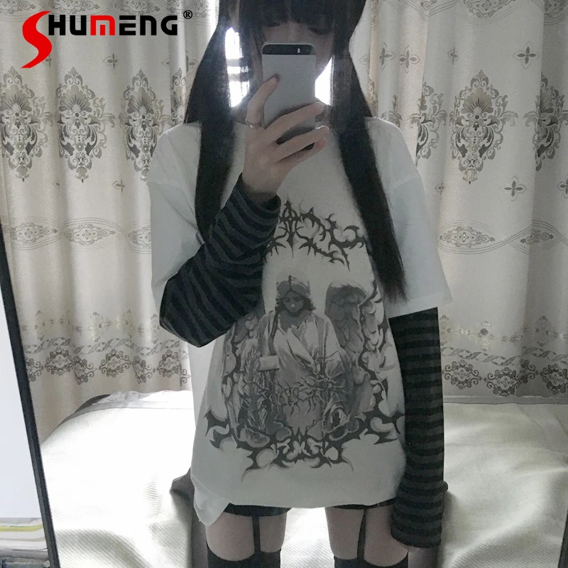 

New Japanese Rojita Original Subculture Angel Mine Fake Two Long-sleeved T-shirt Loose Top Women's Clothes Y2k Kawaii Pullovers