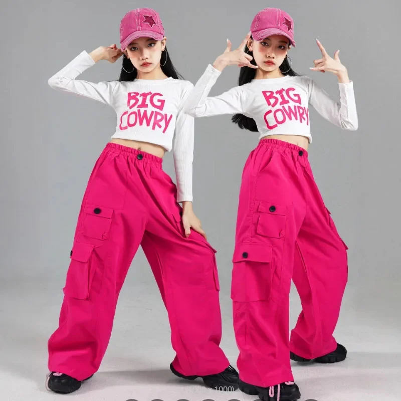 Hip hop meninas colheita topo dança de rua doce cor calças de carga crianças k-pop streetwear crianças trajes jazz menina grupo roupas conjunto