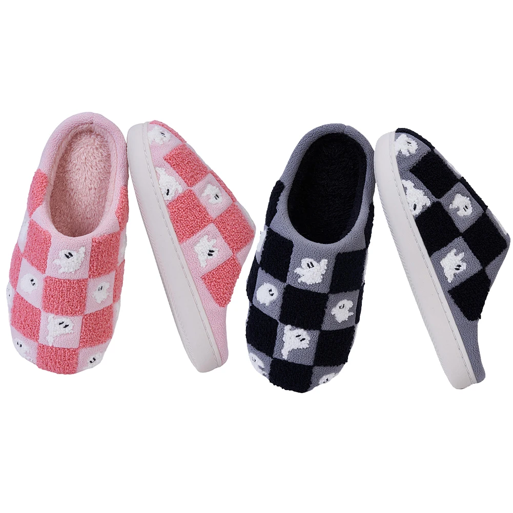 

Ghost Checkered Plush Slippers Fluffy Home Slippers Comfortable Thermal Closed Toe Slippers Non-Slip for Indoor Bedroom
