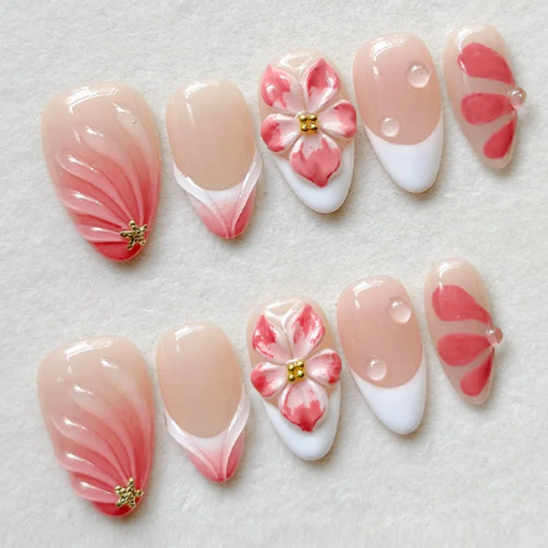 

VITAGWX 30pcs Press on Nails 3D Cute Flower Nail Art Almond Short Nail Tips Summer Beach Style False Nails Summer Nail Beauty