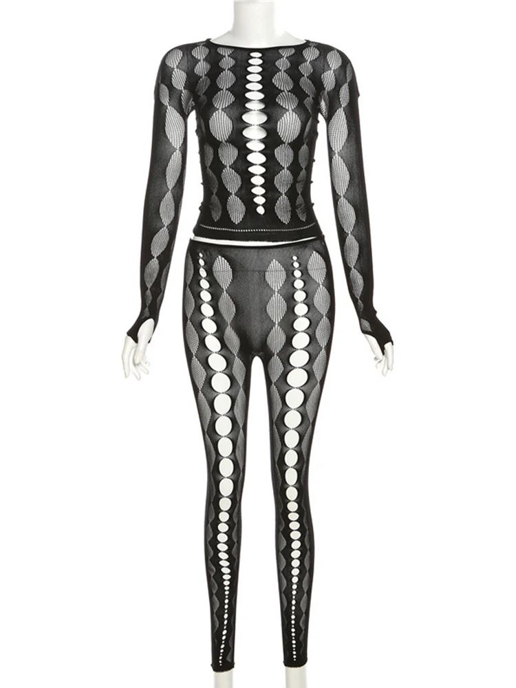 AltGoth Sexy See Through Mesh 2 Pieces Suits Women Streetwear Cyberpunk Mall Gothic Long Sleeve T-shirt High Waist Pants Suits