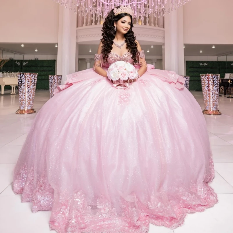 

Light Pink Shiny Quinceanera Dresses Off The Shoulder Applique Lace Beads Bow Tull Corset Party Birthday Sweet 16 Dress Vestidos