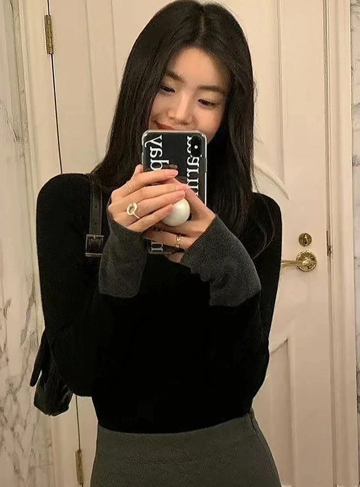 

Lady Casual Blouse Vintage Turtleneck Fleece Warm T Shirt Women Patchwork Autumn Winter Basic Tops Black Soild Color Tees