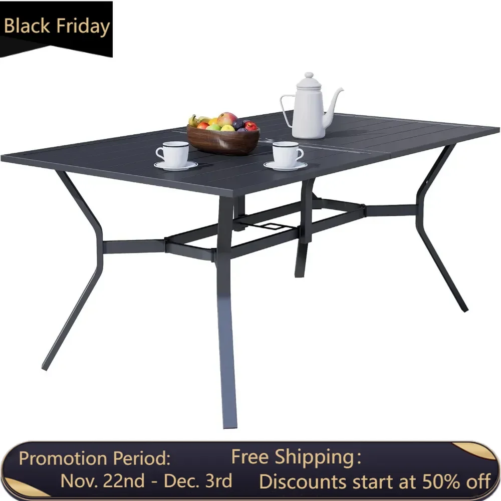 60 inch x 38 inch terrace metal outdoor dining table, capable of accommodating 6 people, with inch umbrella hole, black