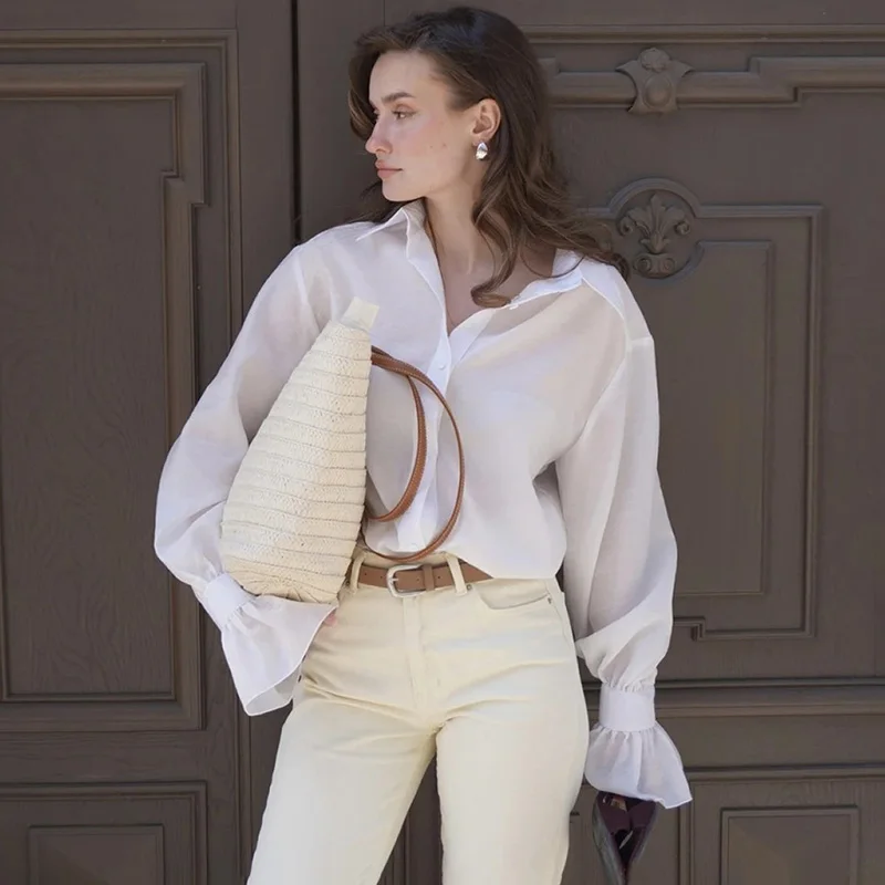 

Tornova Commuting Women's Casual Shirt Long Flare Sleeve Lapel Loose Casual Blouses Autumn Fashion Female Buttons Shirt Solid