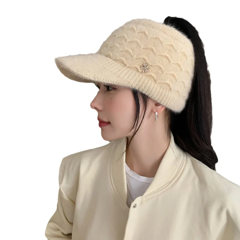 Fashion Hat Women Autumn Winter Empty Top Rabbit Hair Plush Warm Duck Tongue Hat Versatile Cold Resistant Knitted Cap Thick Warm